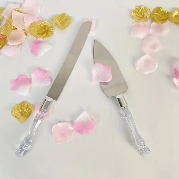 2 Pc Cake & Knife Crystal Handle Server Set - Picture 2 of 4